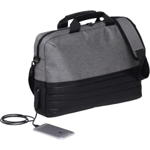 A grey and black laptop bag with a shoulder strap, featuring a charging port and a smartphone beside it.