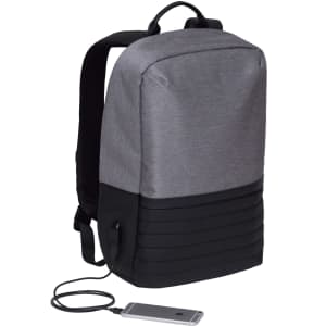 A grey and black backpack with a charging port and a smartphone attached by a cable. It features a sleek, modern design.