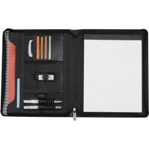 A black A4 zippered compendium with compartments for pens, notes, and cards, featuring a lined notepad and branding.