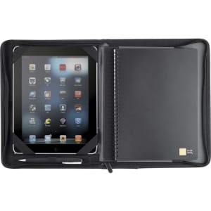 A black zippered tech journal featuring an iPad sleeve and a spiral notebook compartment. Includes a logo.