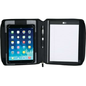 A black tech padfolio with a tablet holder, pen slot, and a notepad on one side. It has a logo.