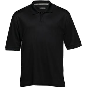 A black polo shirt with short sleeves and a collar, featuring a logo on the front.