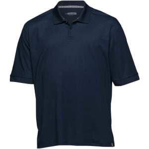 A navy blue polo shirt with short sleeves and a collar, featuring a logo on the fabric.