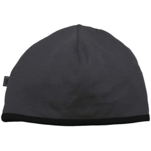 A Merino Arctic Beanie in dark grey with a black trim, featuring a small logo on the side.