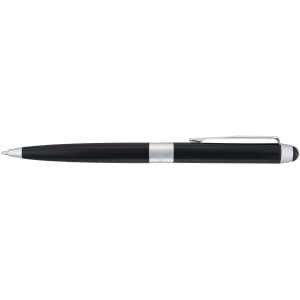 A metal pen featuring a sleek black body, silver detailing, and a stylus tip. It includes a clip for easy attachment.