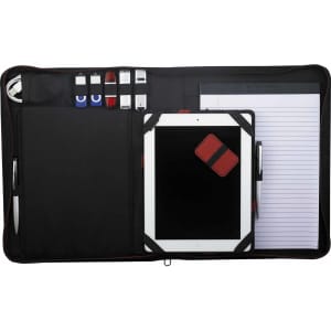 A black zippered padfolio with an iPad, notepad, and multiple markers inside. Includes a pen holder and branding.