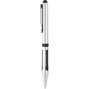 A metallic silver ballpoint stylus pen featuring black grip sections and a clip, with a branding logo visible.