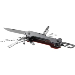A multi-functional pocket knife with a black and orange design, featuring various tools including blades and a corkscrew.