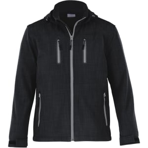 A black hybrid jacket features a zippered front, multiple pockets, and a hood. It has a textured fabric design.