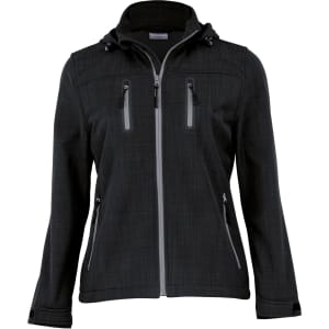 A black soft shell jacket with a hood, featuring zippered pockets and a sleek design. It has a logo on the front.