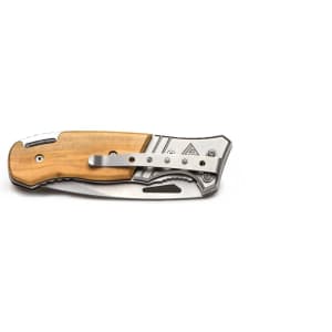 A pocket knife with a stainless steel blade and a wooden handle, featuring a silver metal finish and design elements.