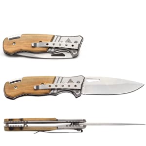 A blade-style pocket knife with a silver blade and a wooden handle, featuring a sleek metallic design and a logo.