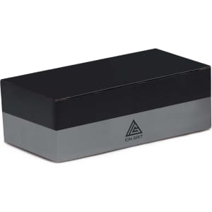 A rectangular box in black and grey, featuring a logo on the front.
