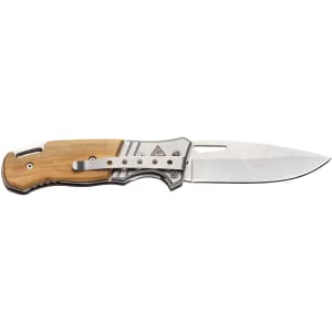A pocket knife with a silver metal blade and a wooden handle, featuring decorative elements and a logo.