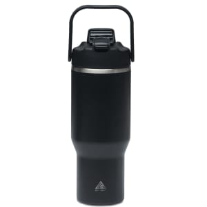 A drink bottle in black, featuring a handle and a sleek design, with a logo on the front.