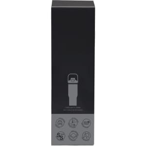A drink bottle in a sleek black box, featuring a logo and various icons on the packaging.