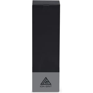 A drink bottle in black and grey, featuring a logo, with a sleek rectangular design.