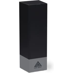 A drink bottle in black and silver with a branded logo at the base, featuring a sleek, modern design.