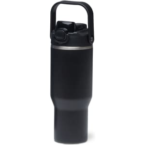 A drink bottle with a sleek black finish, featuring a handle and a spill-proof lid. It includes a logo.