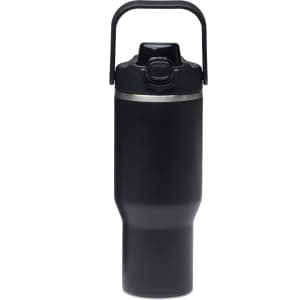 A drink bottle in matte black with a handle and a secure flip-top lid, featuring a stainless steel rim.