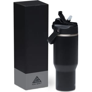 A drink bottle in matte black with a lid and a straw, presented in a sleek black box.