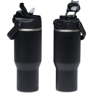 A drink bottle in matte black featuring a spill-proof lid and a built-in straw, with a secure handle and a logo.