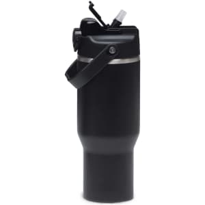 A drink bottle in matte black with a handle, featuring a spout and a secure lid. It has a branding logo.