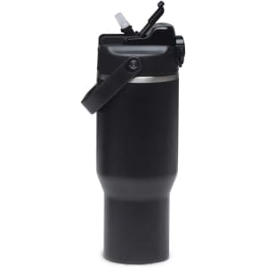 A drink bottle in matte black with a handle and a spout. It features a logo on the body.