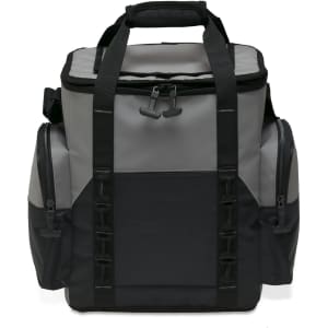 A grey and black cooler bag features multiple storage compartments and sturdy straps for easy carrying.