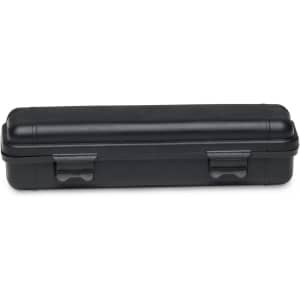 A black rectangular case with two clips, designed for storage and protection of items.