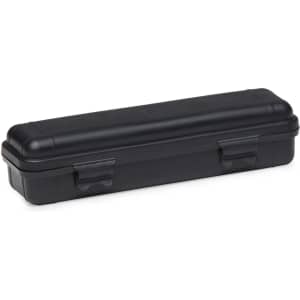 A black protective case with two clips, designed for storing and transporting items securely.