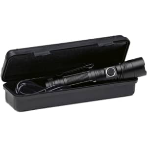 A black torch in a black case, featuring a power button and a clip for easy carrying.