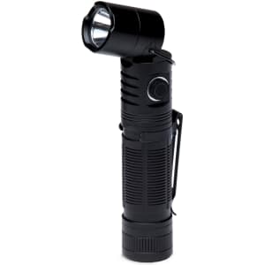 A black torch with a pivoting head, textured grip, and a clip for easy attachment. It features a circular lens at the top.