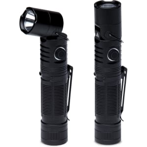A black torch with a rotating head, featuring a grip texture and a clip for easy attachment.