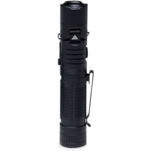 A black torch with a clip and textured grip, designed for versatility and portability.