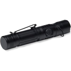 A black torch featuring a clip, textured grip, and a button for operation. It has a sleek, cylindrical design.