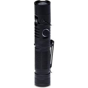A black torch with a textured body, featuring a clip, button, and head for adjustable focus.