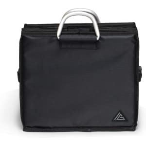A black boot organiser featuring a silver handle and a logo, designed for storing footwear.