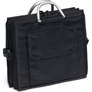 A black fabric boot organiser with a metallic handle, featuring multiple compartments and a front pocket.