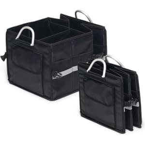 A black organiser with multiple compartments, featuring metallic handles and side pockets for storage.