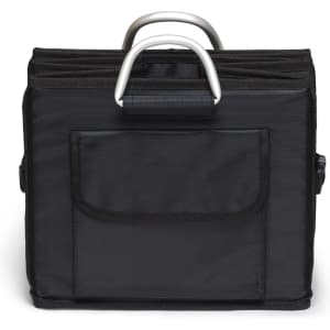 A black boot organiser with a sturdy handle and a front pocket, featuring several compartments for storage.