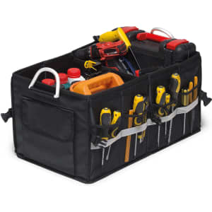 A black organiser with various tools inside, featuring compartments for screwdrivers and other equipment.