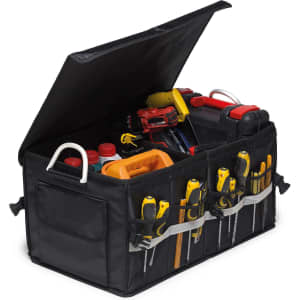 A black boot organiser featuring various tools, drink bottles, and storage compartments. It has multiple external pockets.