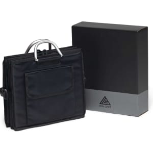 A black gear organiser with a handle, accompanied by a sleek black box featuring a logo.