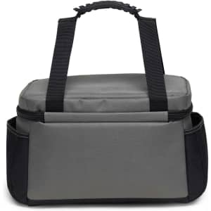 A grey and black cooler bag with a sturdy handle and zip closure, featuring a logo on the front.