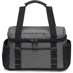 A grey and black cooler bag with a zippered top and sturdy handles, featuring an external pocket and a logo.