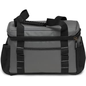 A grey and black cooler bag with multiple pockets and sturdy handles. It has a logo on the front.