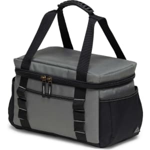 A hard cooler bag in shades of grey and black, featuring sturdy handles and zippers, with an attached strap.
