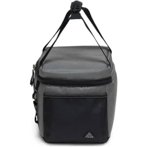 A grey and black cooler bag with a zip closure and a front pocket, featuring a logo on the side.