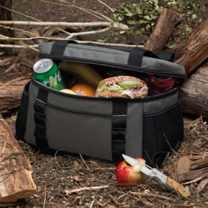 A grey and black cooler bag with drinks, fruits, and food items visible inside, placed among natural foliage.